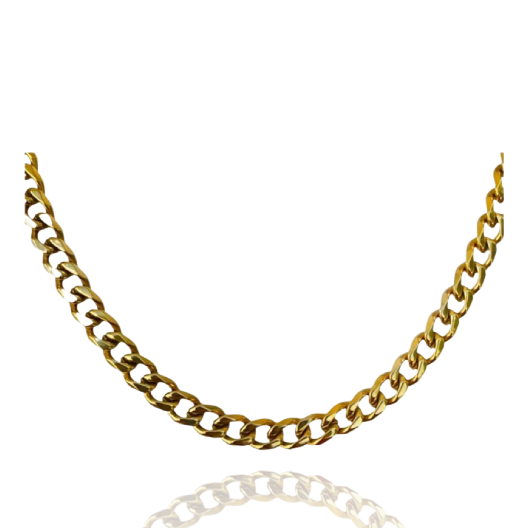 Non-tarnish, waterproof 14K yellow gold plated stainless steel cuban link chain. Necklace comes in either 20 inch or 22 inch.
