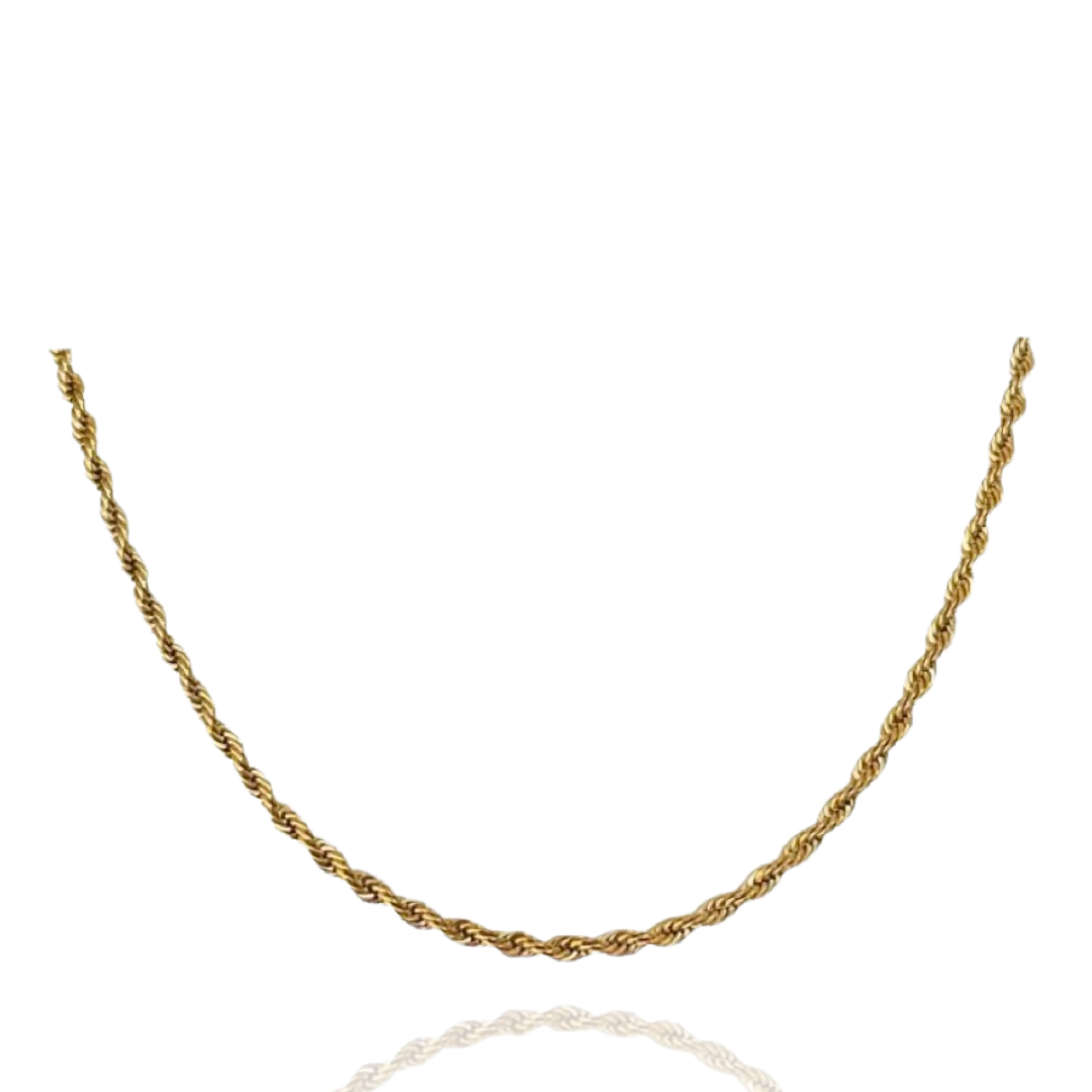 Non-tarnish, waterproof 18K gold plated stainless steel rope chain. Necklace comes in either 20 inch or 22 inch. 