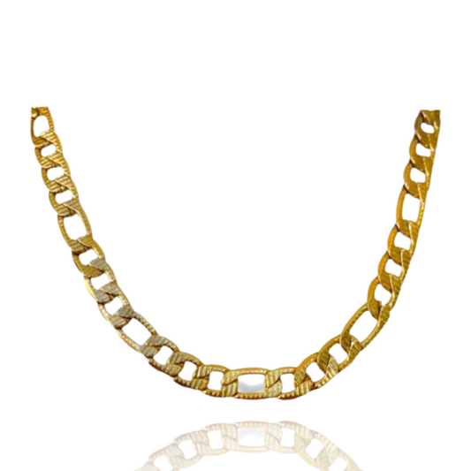 Non-tarnish, waterproof 14K gold plated stainless steel figaro chain. Necklace comes in either 20 inch or 22 inch.